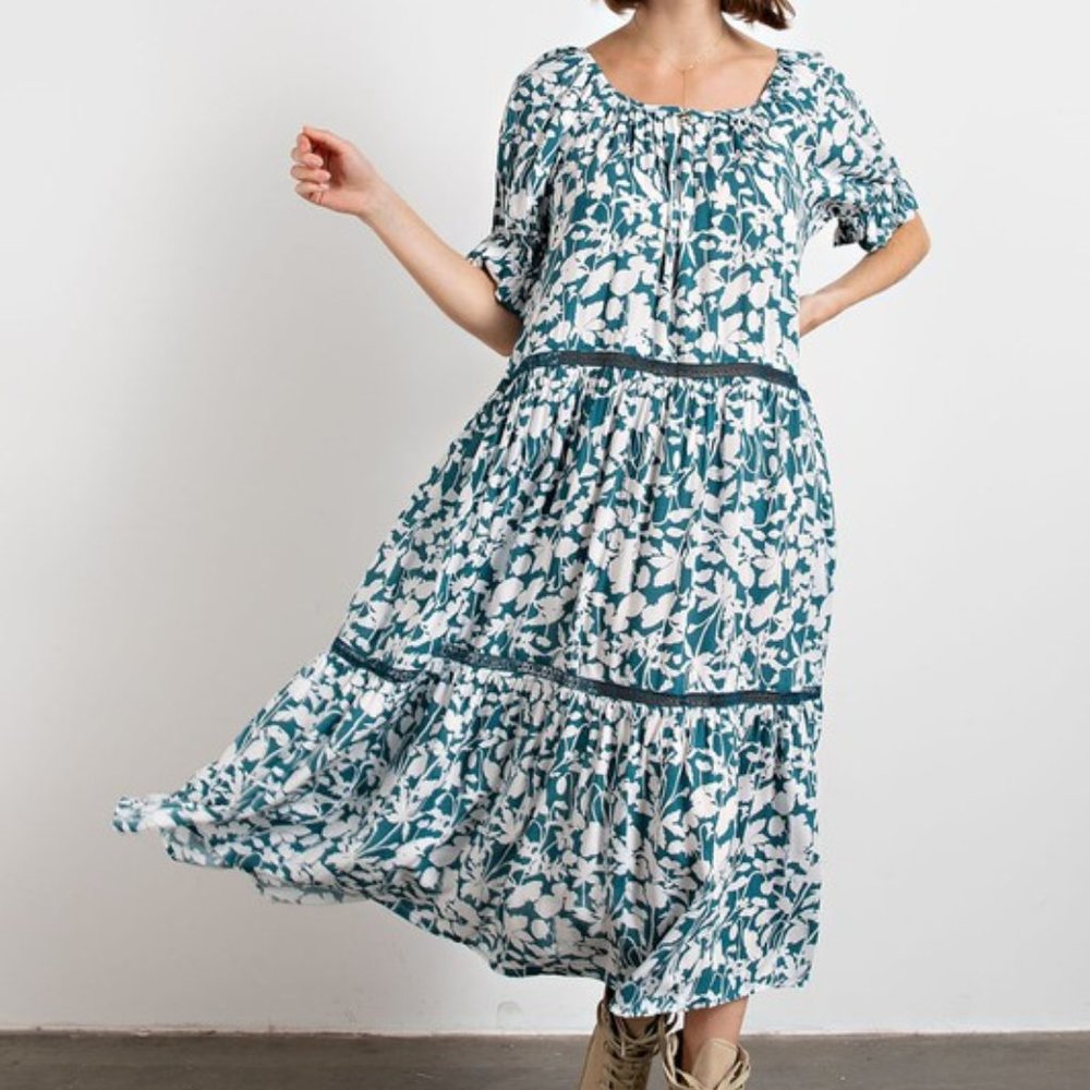 easel Teal Floral Tiered Maxi Dress